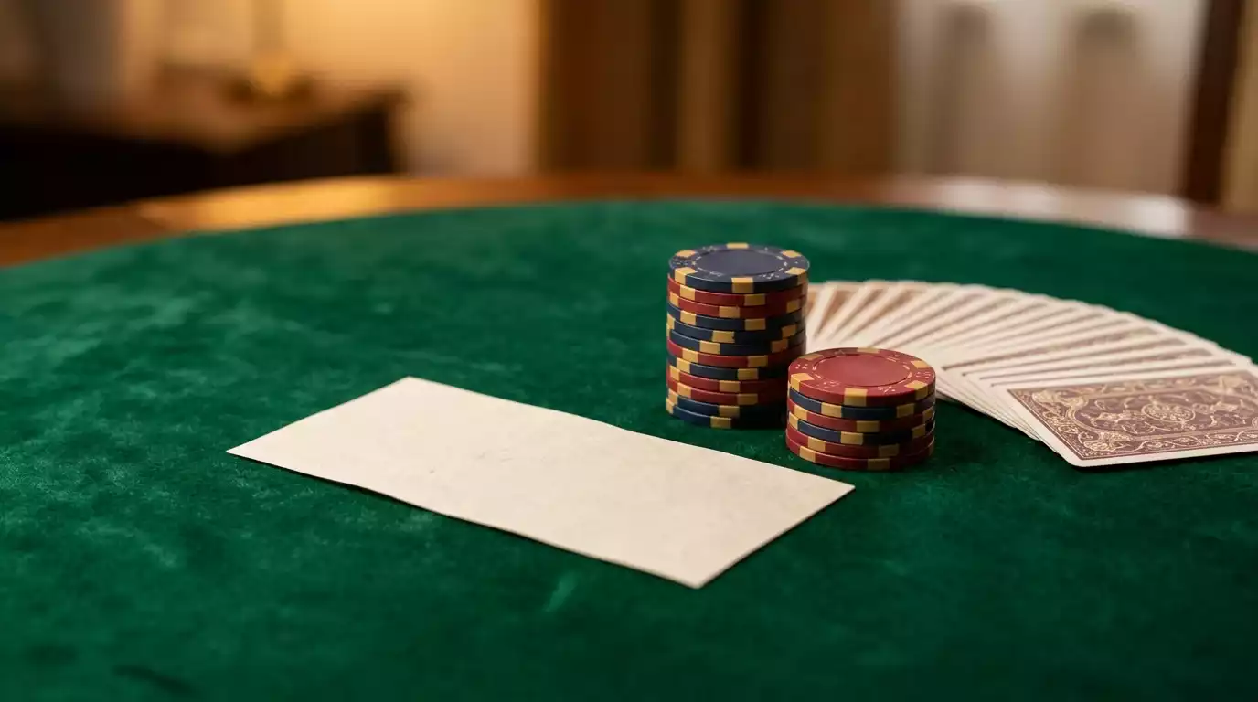 Nota de dez euros sobre tapete verde de casino com fichas empilhadas e cartas de jogo desfocadas ao fundo