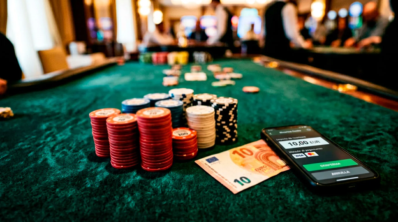 Fiches da casino e smartphone con deposito di dieci euro su tavolo da gioco verde