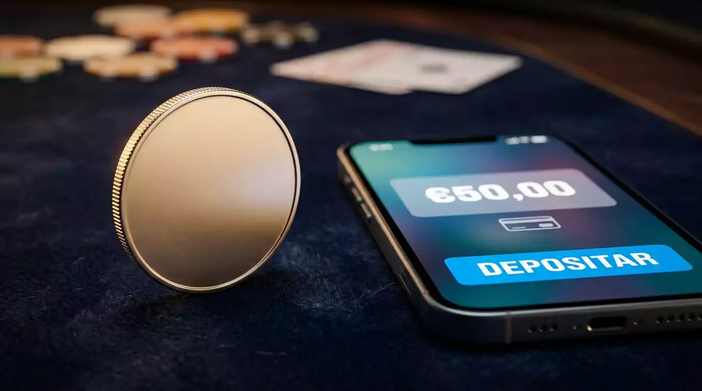Moeda de um euro junto a um telemovel com ecra de pagamento num ambiente de casino online