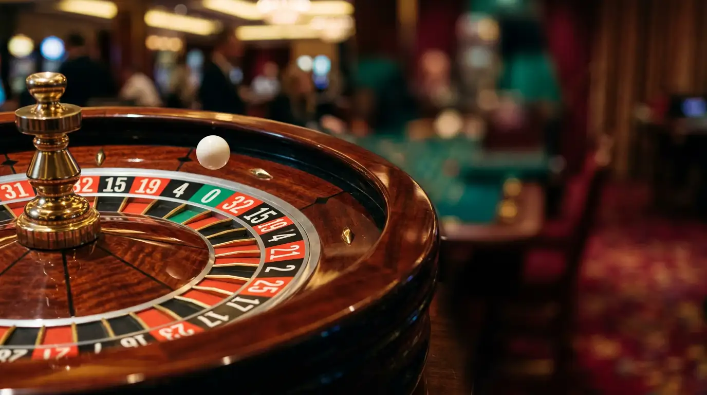 Europees roulettewiel met 37 vakjes en een enkele groene nul in een sfeervolle casino-omgeving