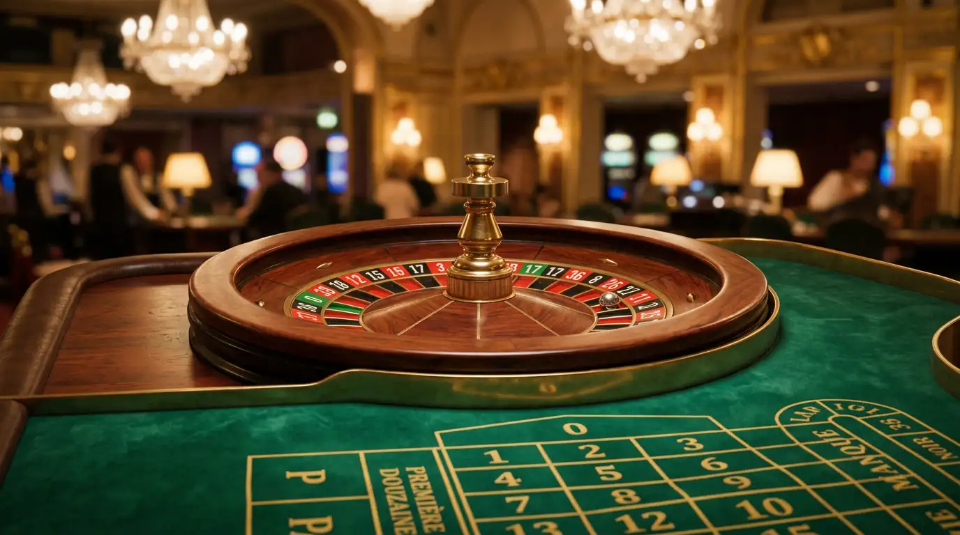 Frans roulettewiel met rode en zwarte vakjes en een groene nul in een sfeervolle casinosfeer