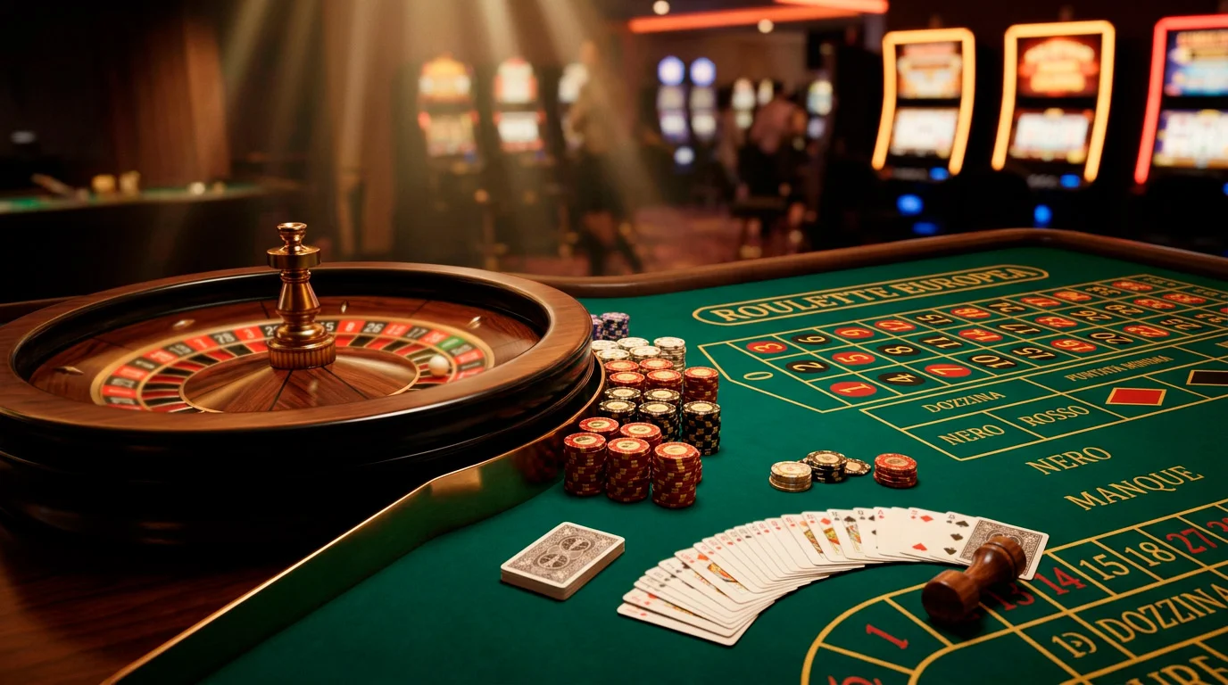 Tavolo da casino con roulette, fiches colorate e carte da gioco in un ambiente elegante e illuminato