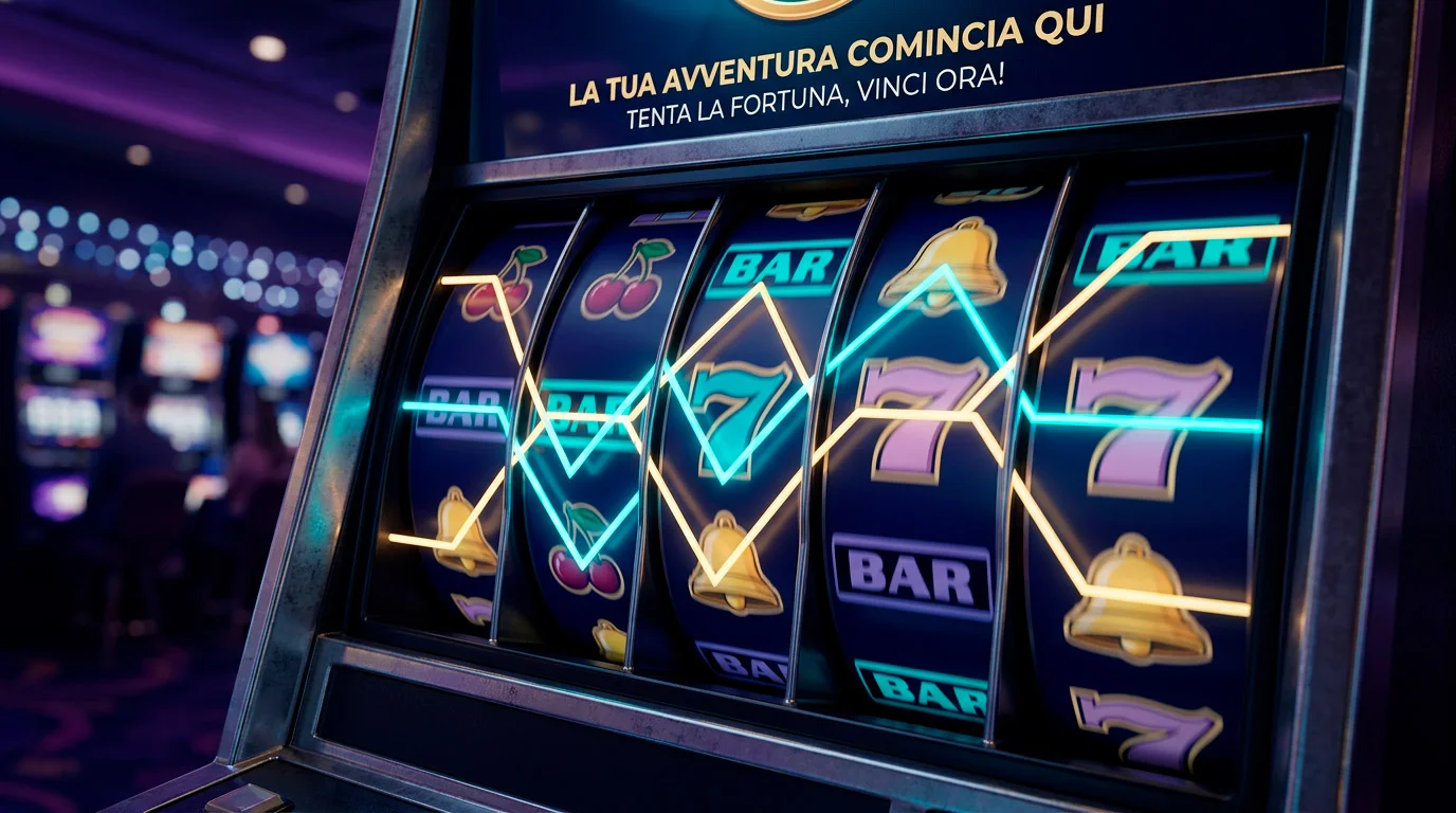 Rulli di una slot machine illuminati da luci al neon in un ambiente da casino online con atmosfera professionale
