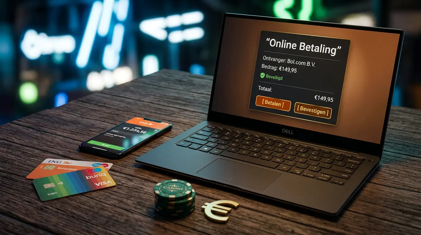 Digitale betaalomgeving met bankkaarten en schermen die online casinotransacties verbeelden