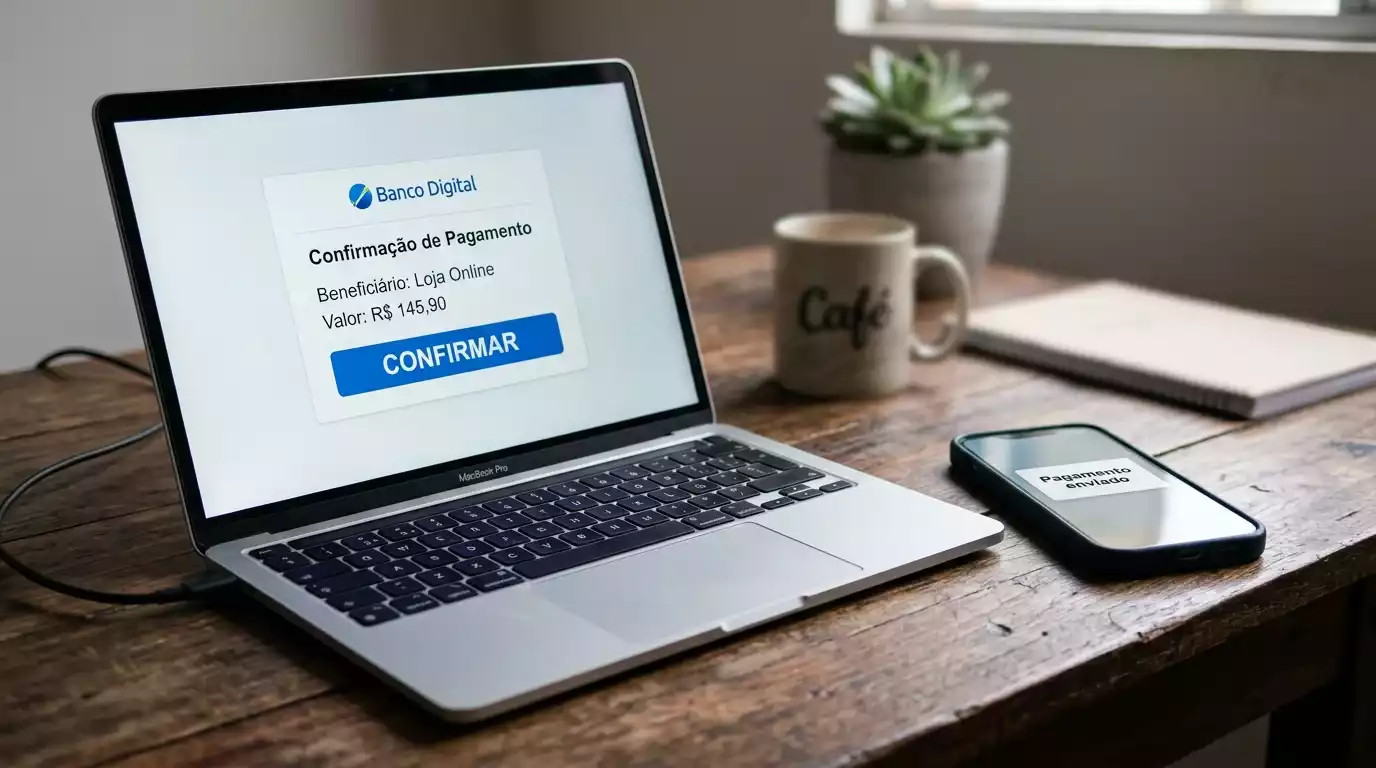 Ecra de computador portatil com interface de banco online e icone de transferencia sobre fundo escuro com tons azuis