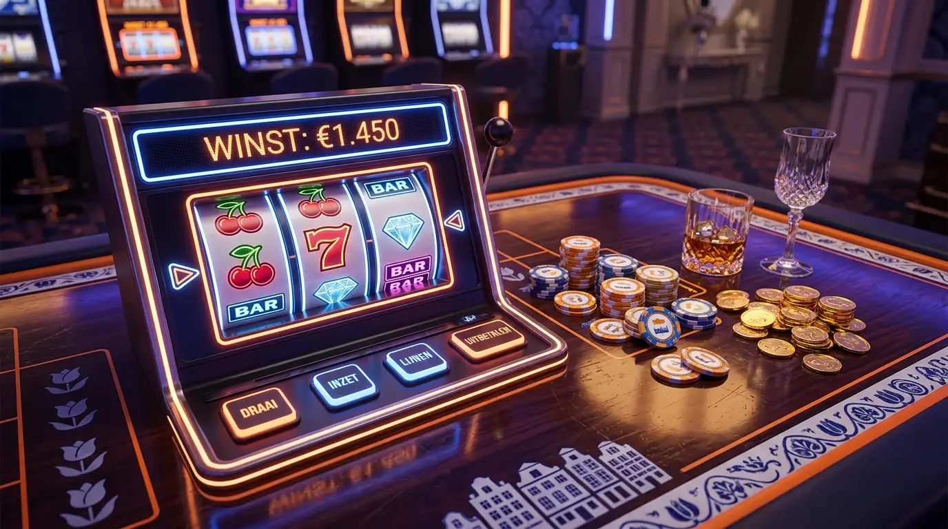Gokautomaat met neonverlichting en casinofiches op een speeltafel in Nederland