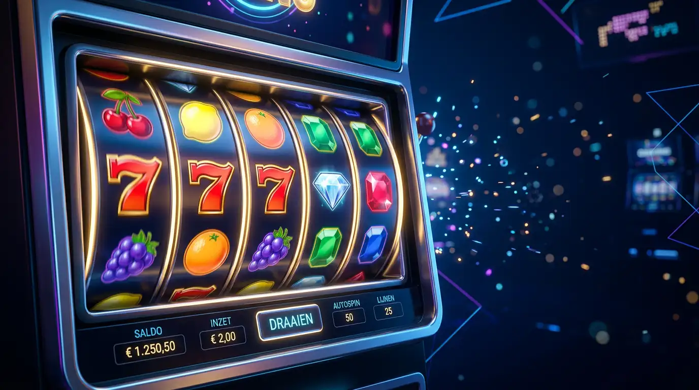 Kleurrijke draaiende rollen van een digitale gokautomaat met neonverlichting in een moderne online casino-omgeving