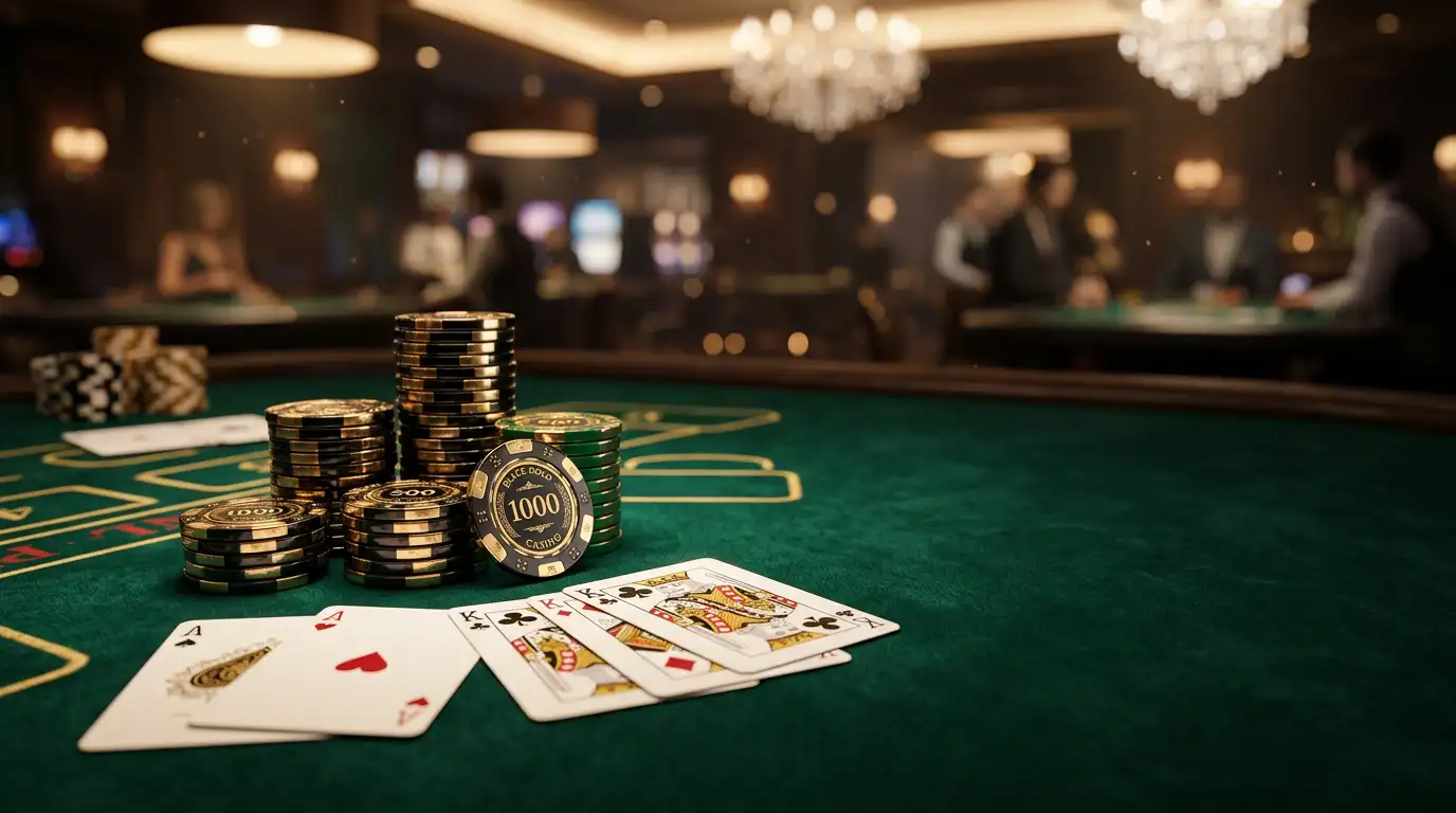 Gouden casinofiches en speelkaarten op een donkergroene speeltafel met sfeervol licht