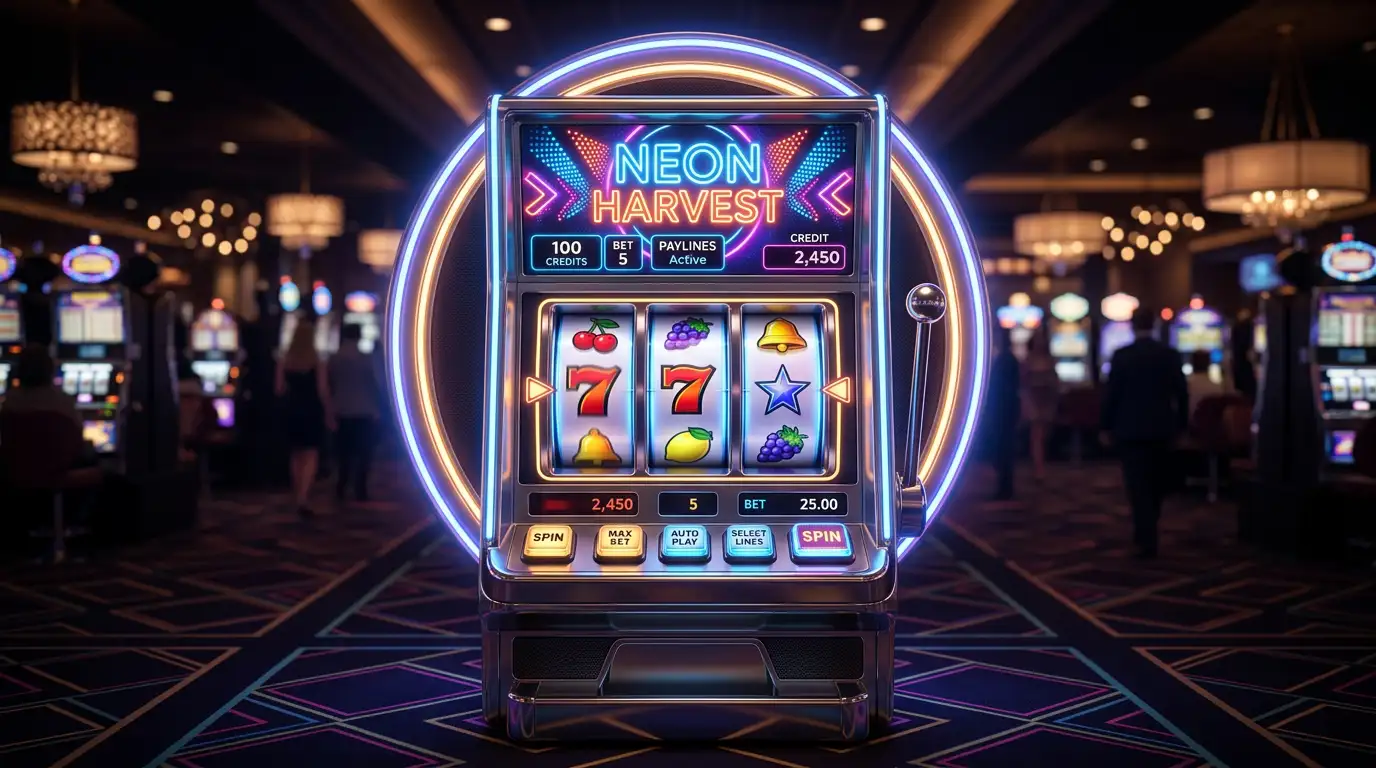 Gloeiende gokkast met draaiende rollen in een sfeervolle casino-omgeving met neonverlichting