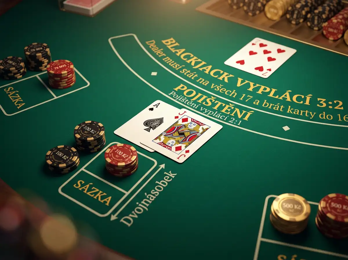 Karetni stul s rozlozenymi kartami blackjacku a zetony v atmosfere online kasina
