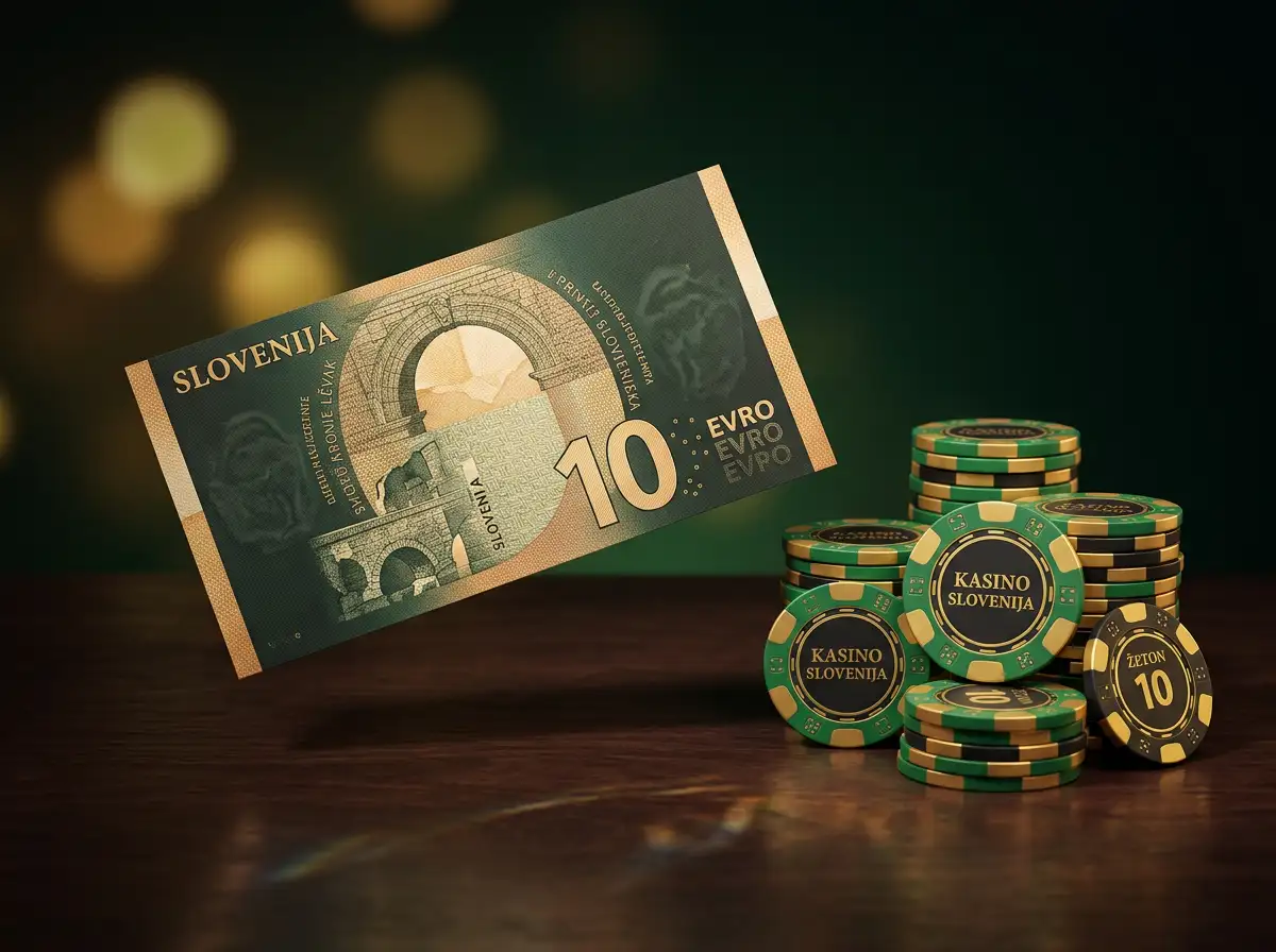 Desateurova bankovka na tmavom podklade vedla ziariacich kasinovych zetonov s jemnym zelenym a zlatym osvetlenim