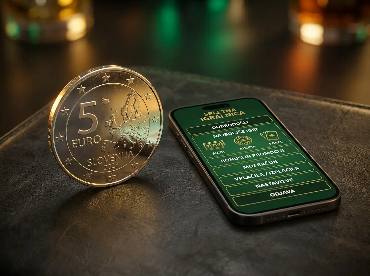 Minca piatich eur vedla smartfonu s kasinovou hrou na obrazovke, na tmavom povrchu so zlato-zelenym osvetlenim