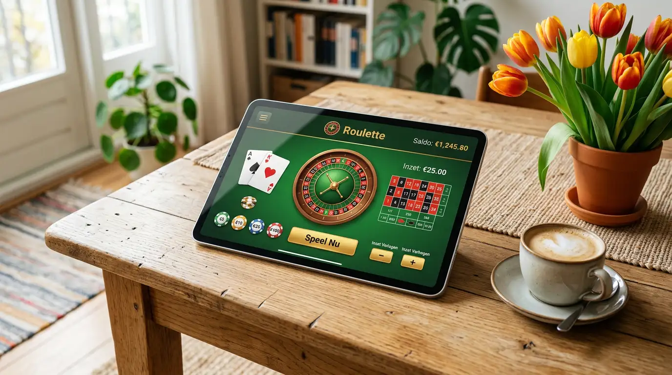 iPad met online casinospellen op het scherm in een huiselijke Nederlandse setting