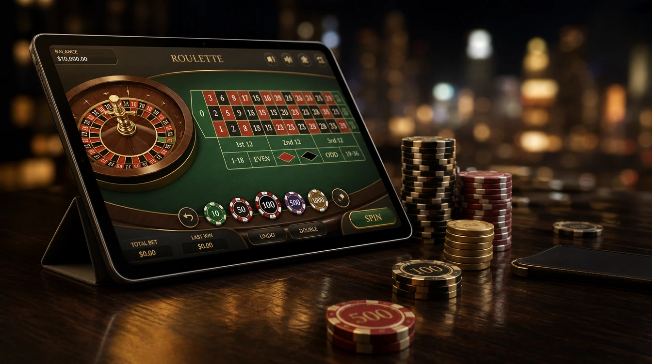 iPad tablet uzerinde kumarhane oyunu arayuzu gece isiklandirilmis masada