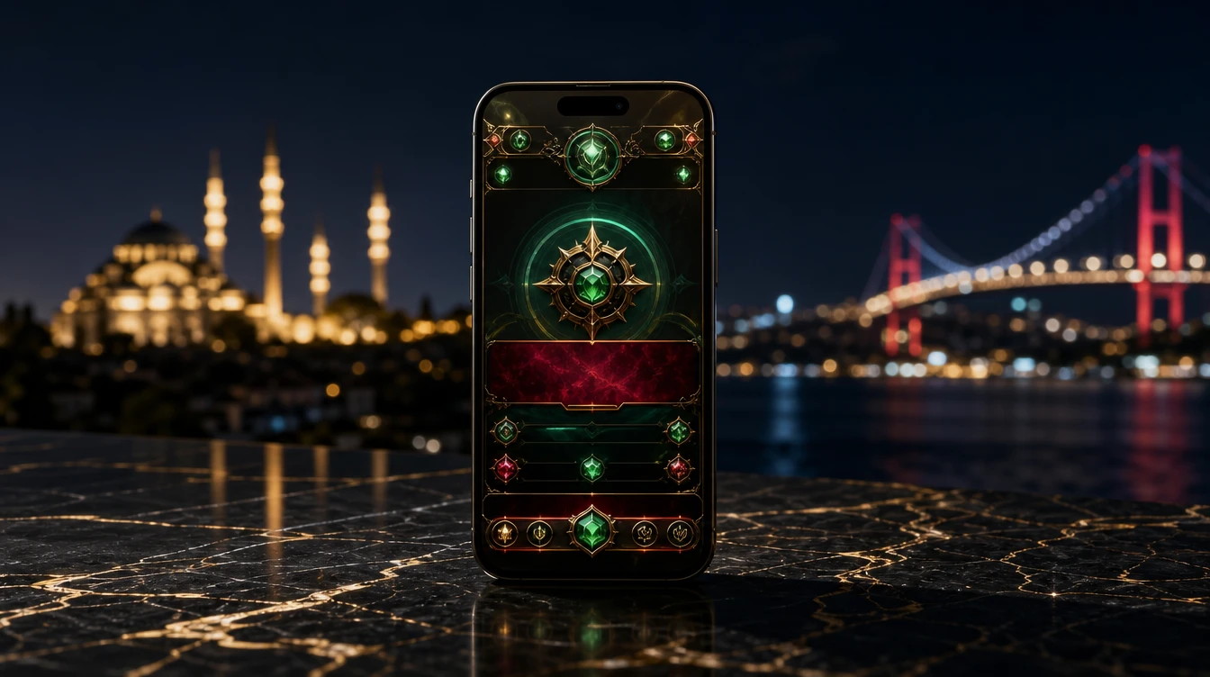 iPhone ekraninda kumarhane oyunu goruntulenen akilli telefon ve sehir silueti