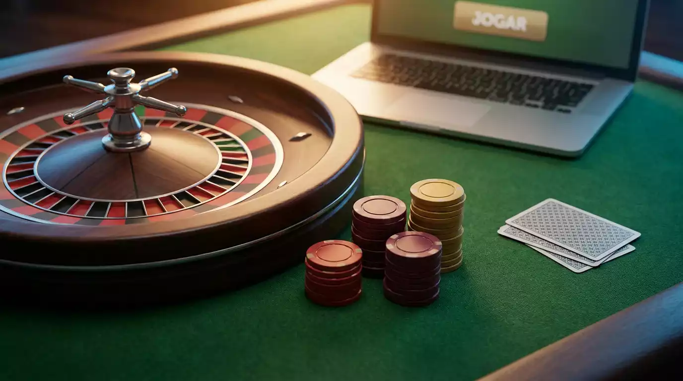 Mesa de casino com roleta, cartas e fichas iluminada por luzes profissionais num ambiente de jogo online