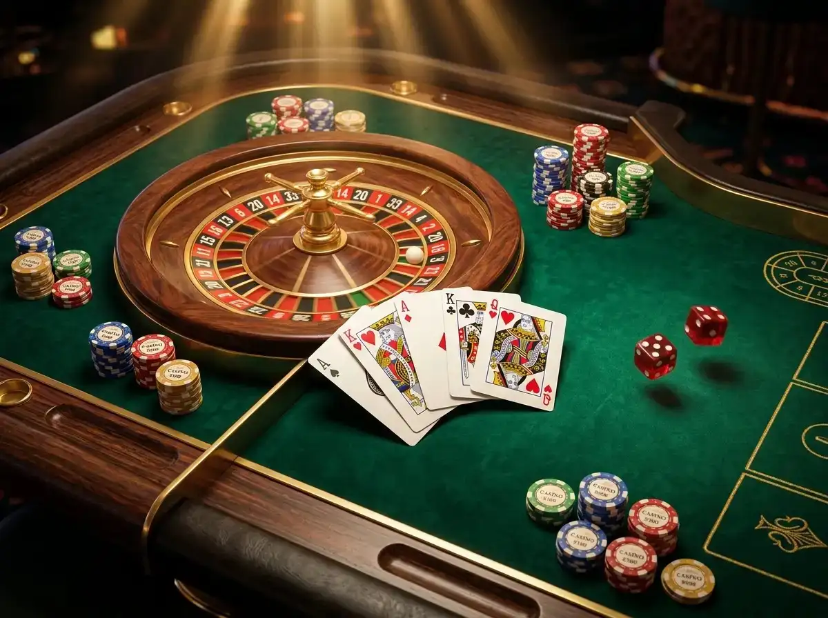 Mesa de casino con fichas, cartas y ruleta iluminada en ambiente profesional de juego en linea