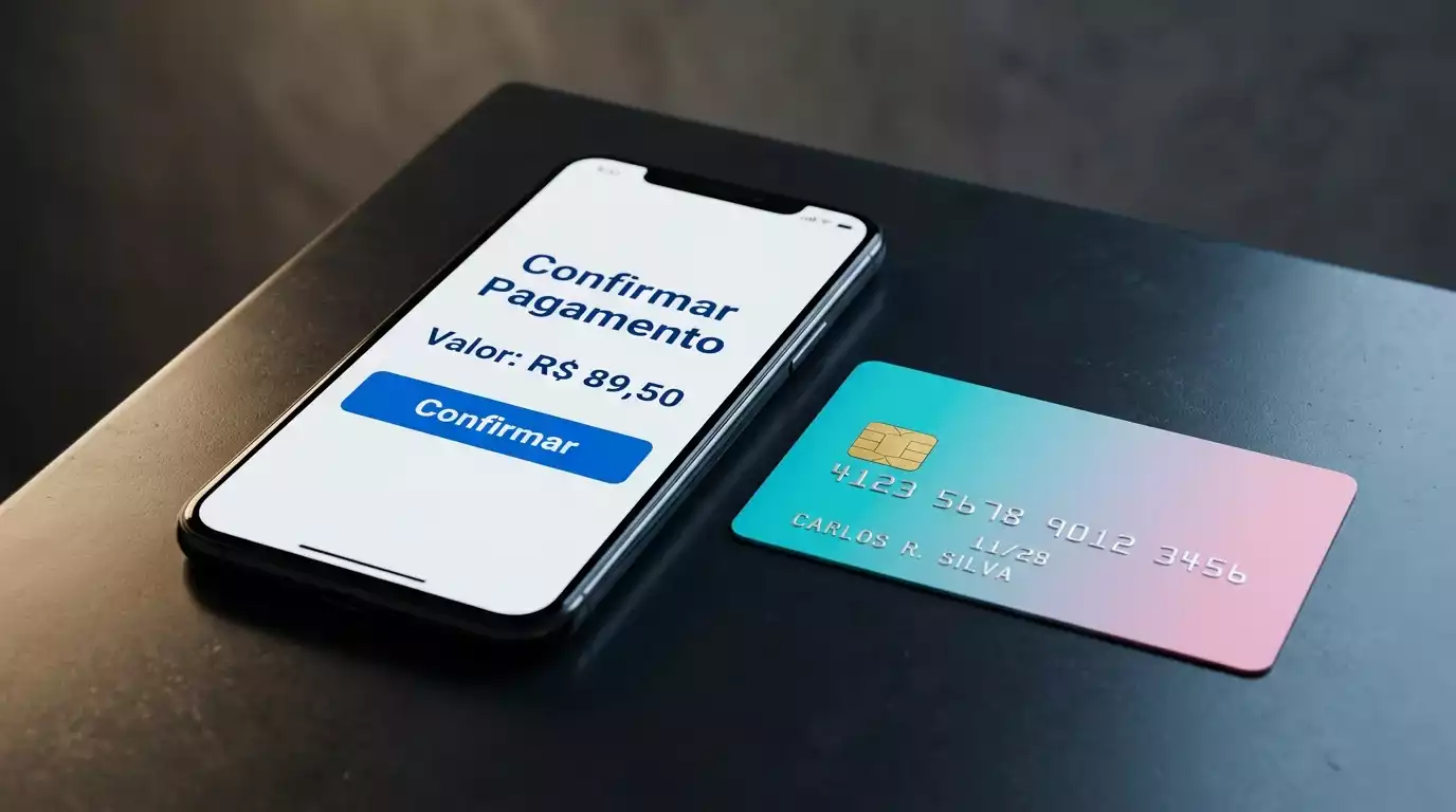 Telemovel com aplicacao de pagamento digital e cartao bancario sobre superficie escura com reflexos de luzes coloridas
