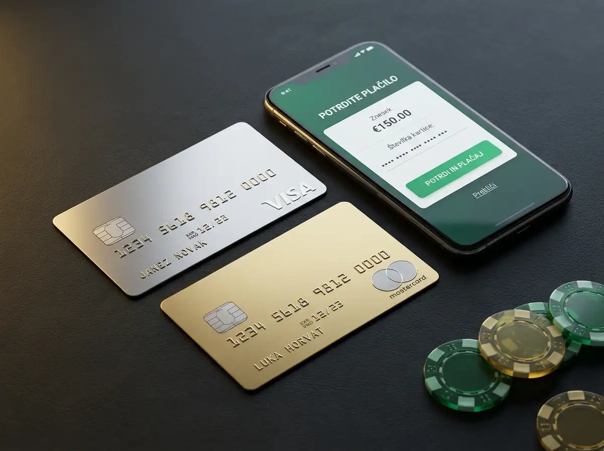 Platobna karta Visa a Mastercard polozena vedla smartfonu s rozhranim online kasína na tmavom pozadi