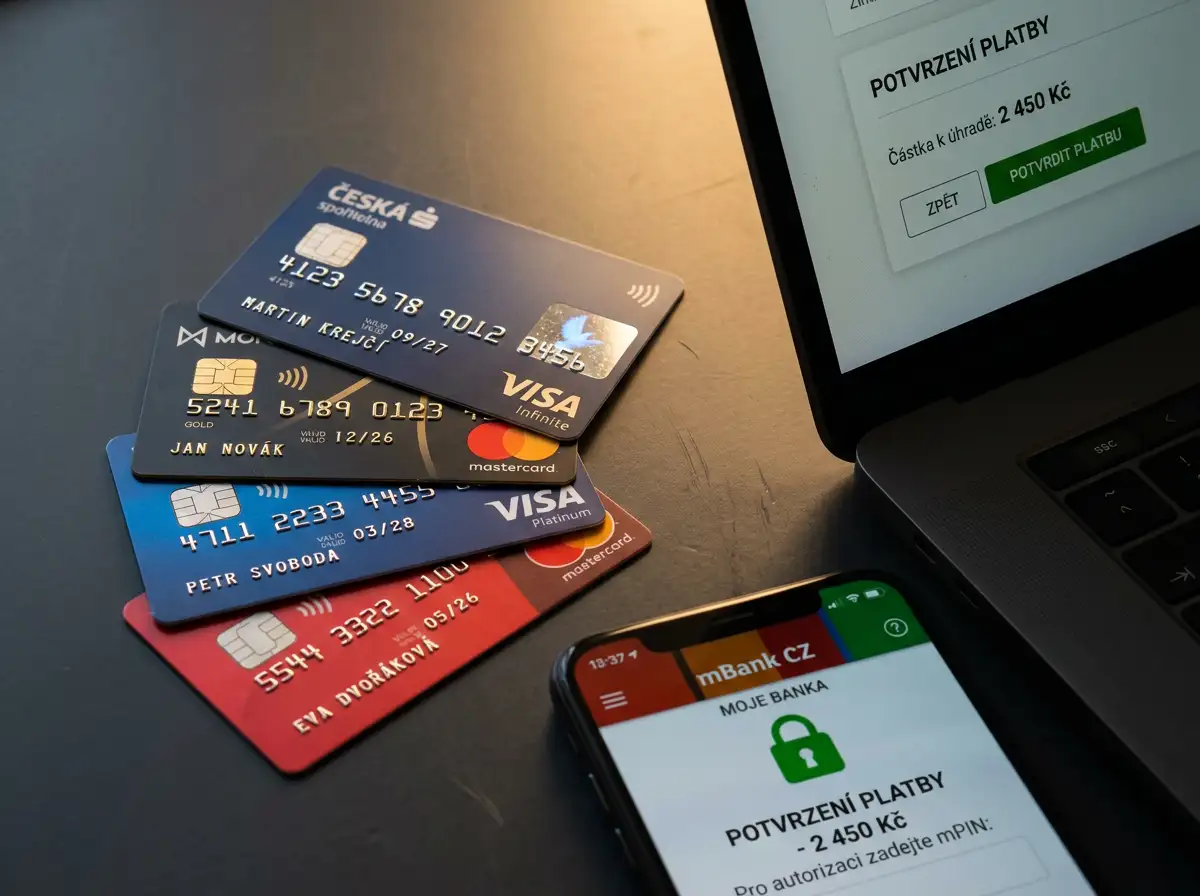 Platební karty Visa a Mastercard na tmavém pozadí vedle notebooku s otevřeným online platebním rozhraním