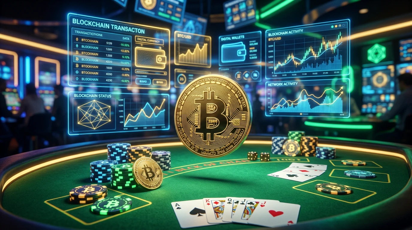 Bitcoin sembolünün parıldadığı dijital kumarhane masası ve kripto para işlem ekranı