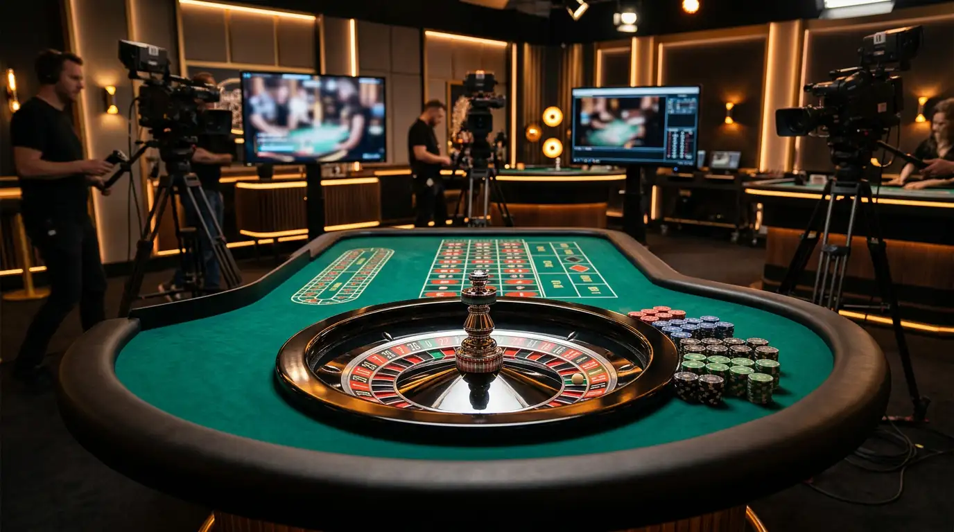 Live casino studio met roulettetafel, professionele dealer en HD-camera's die het spel uitzenden