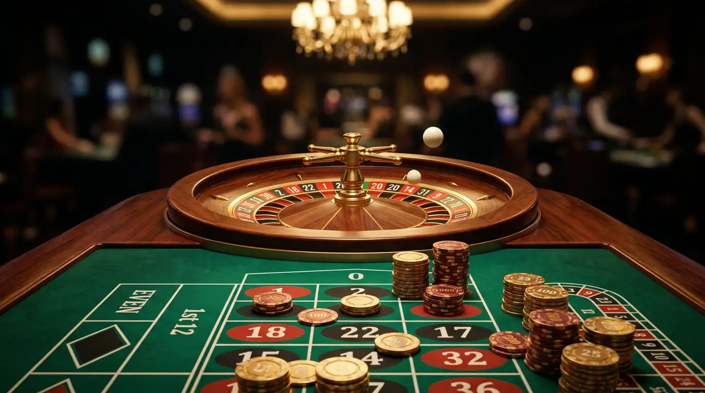 Europees roulettewiel met fiches op een groene speeltafel in een live casino-omgeving