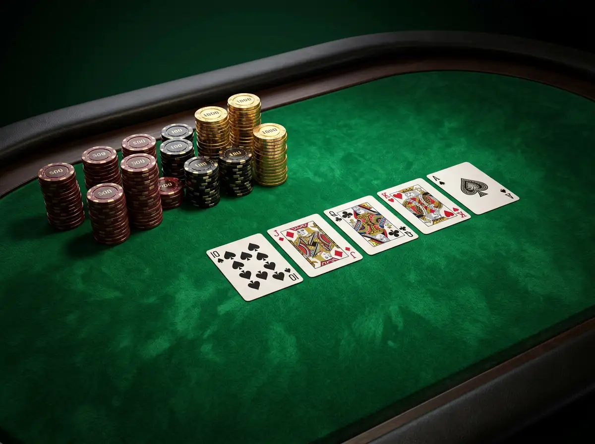 Mesa de poker en linea con fichas y cartas sobre tapete verde iluminado por luz ambiental calida