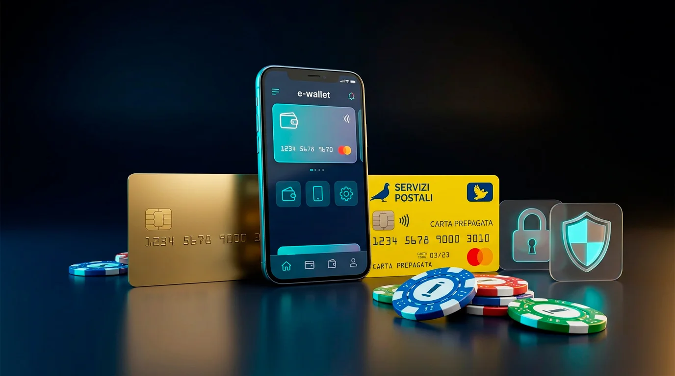Carte di credito, smartphone con portafoglio digitale e fiches da casino su un tavolo scuro illuminato da luci soffuse
