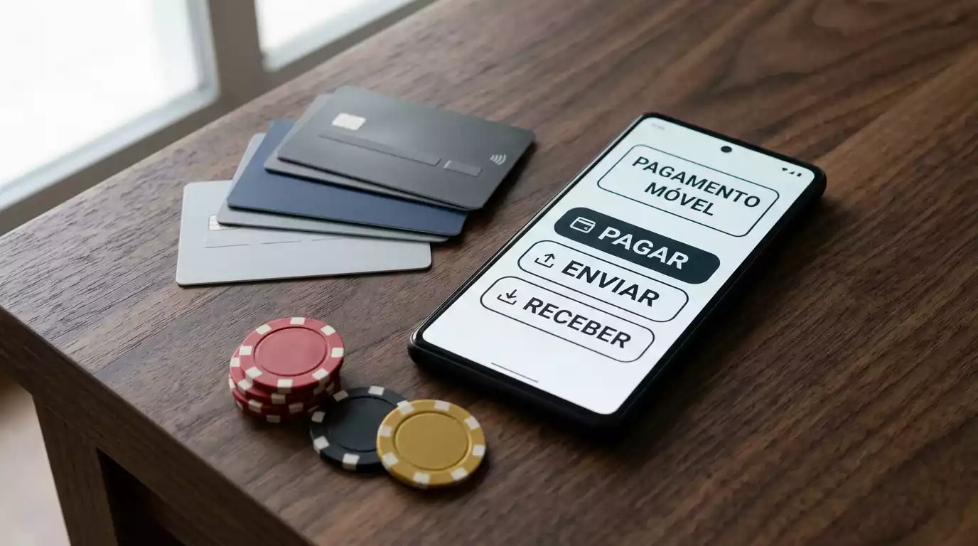 Mesa de casino com fichas, cartoes bancarios e smartphone a exibir metodos de pagamento digitais em ambiente profissional de iGaming