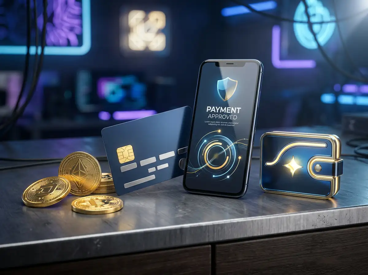 Distintos metodos de pago digitales representados sobre una mesa con tarjetas, telefono movil y fichas de casino