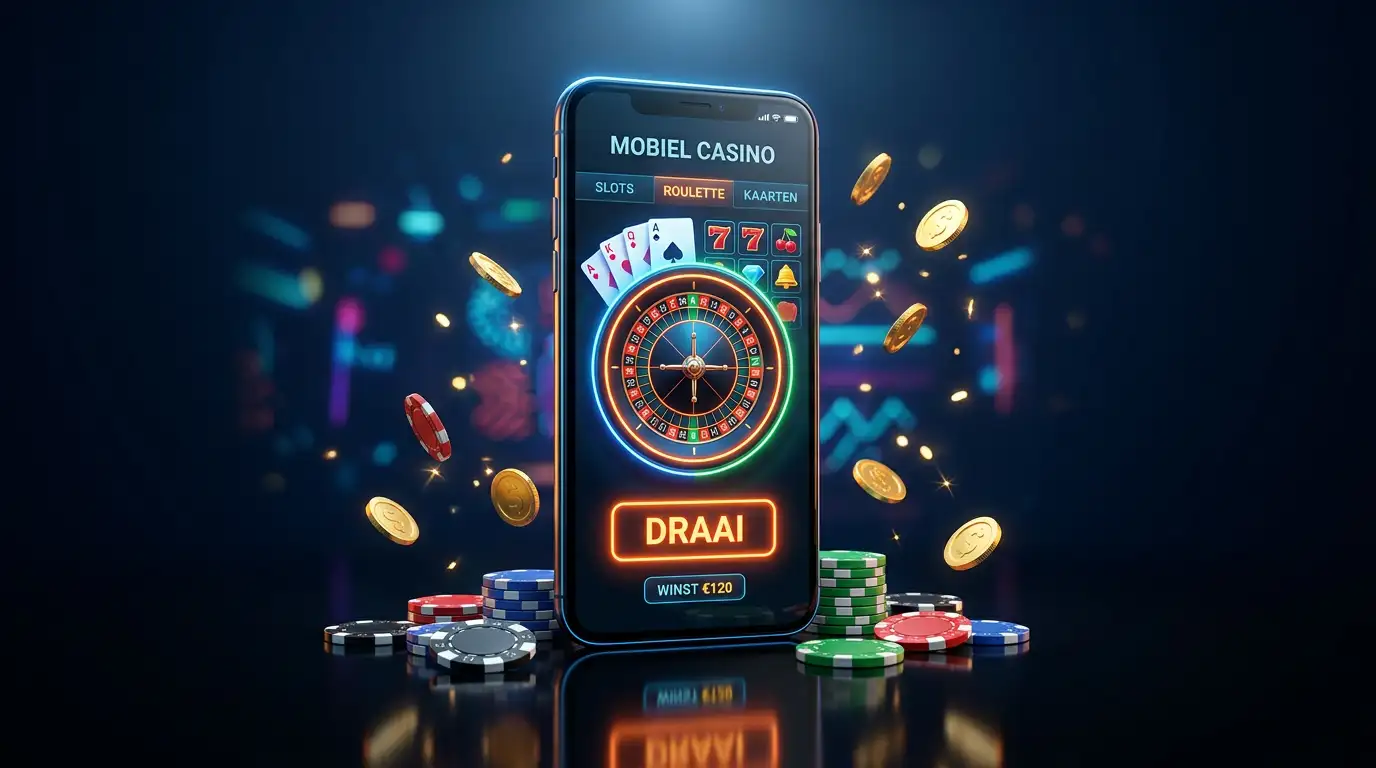 Smartphone met casinospellen op het scherm tegen een donkere achtergrond met neonverlichting