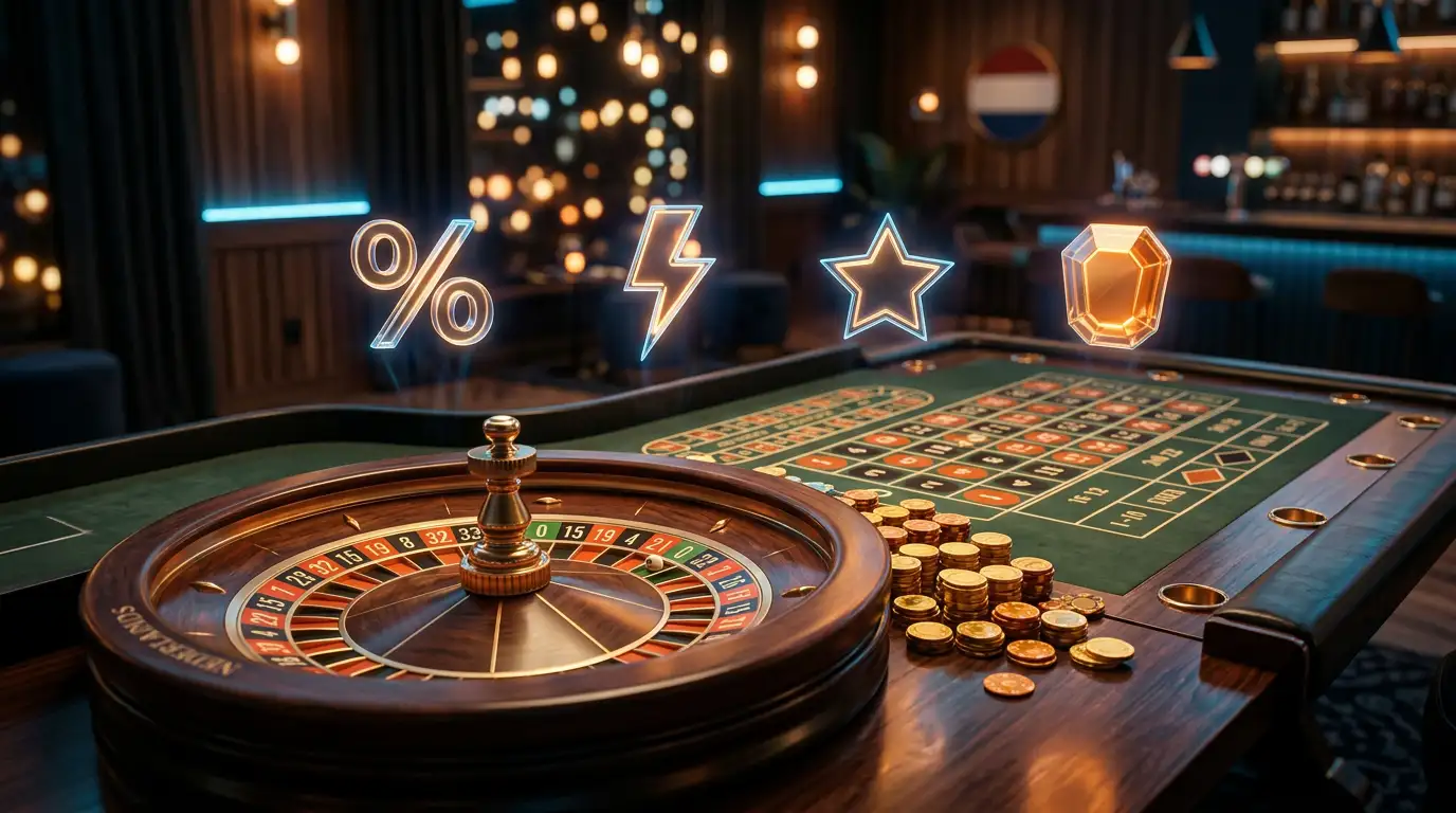 Neonverlichte speeltafel met bonusfiches en digitale interface in een modern Nederlands online casino