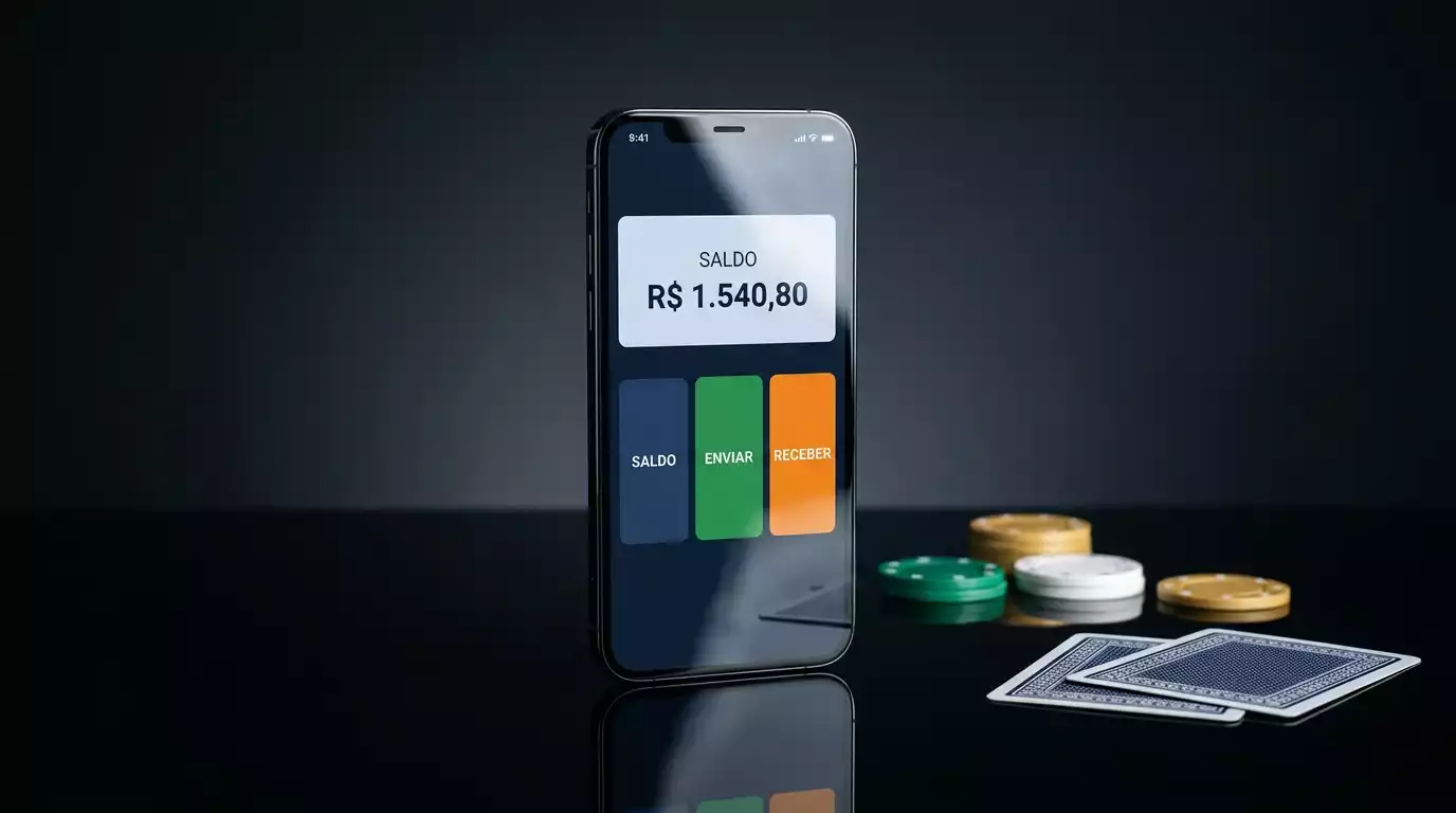 Carteira digital Neteller num ecra de telemovel junto a uma mesa de casino online com fichas e cartas