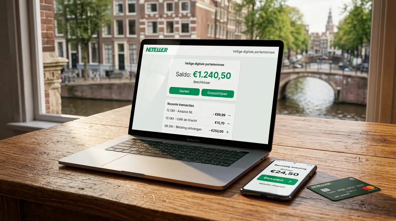Digitale portemonnee Neteller met beveiligde online betaling op een laptop en smartphone in een Nederlandse setting