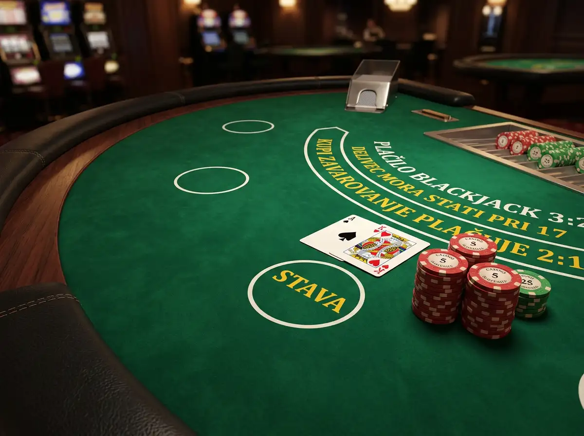 Hracie karty a žetóny na zelenom blackjackovom stole
