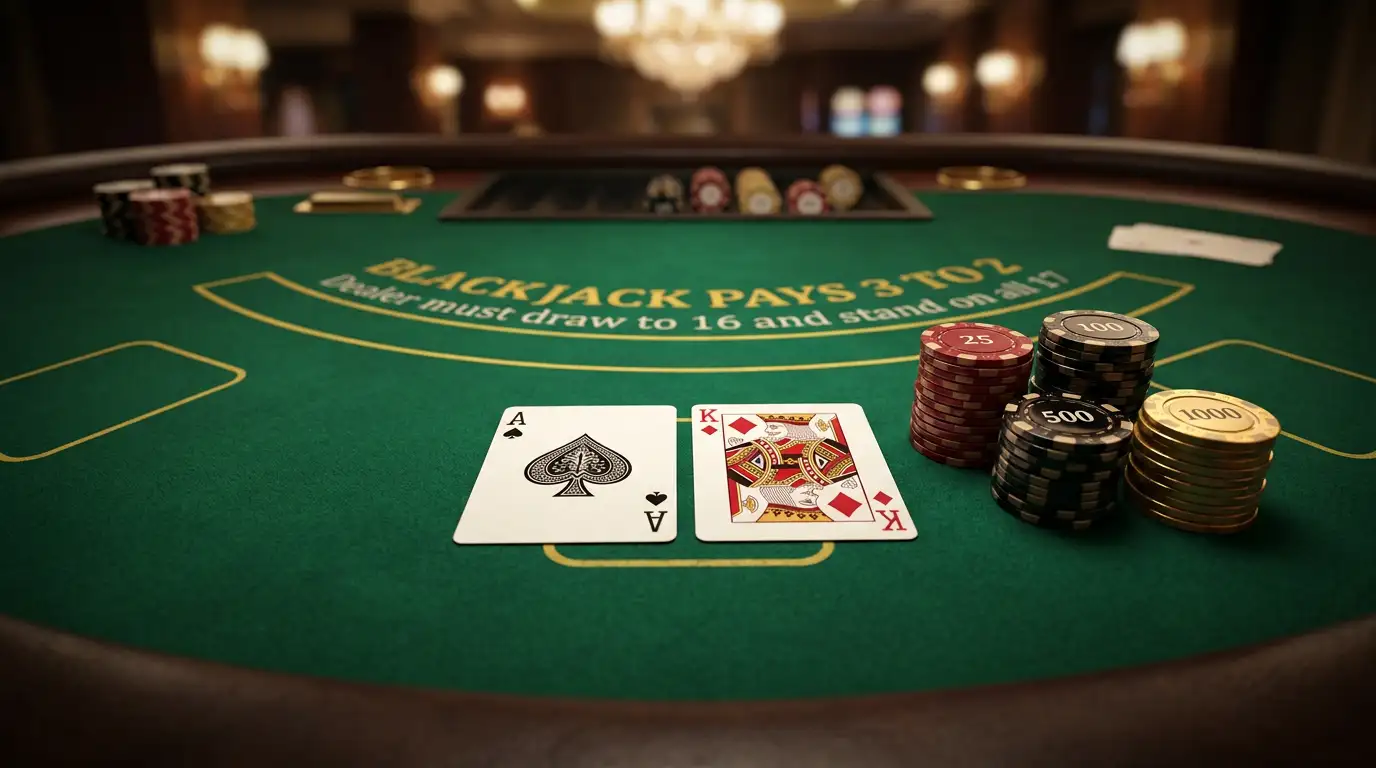 Blackjacktafel met kaarten en fiches in een online casino-omgeving