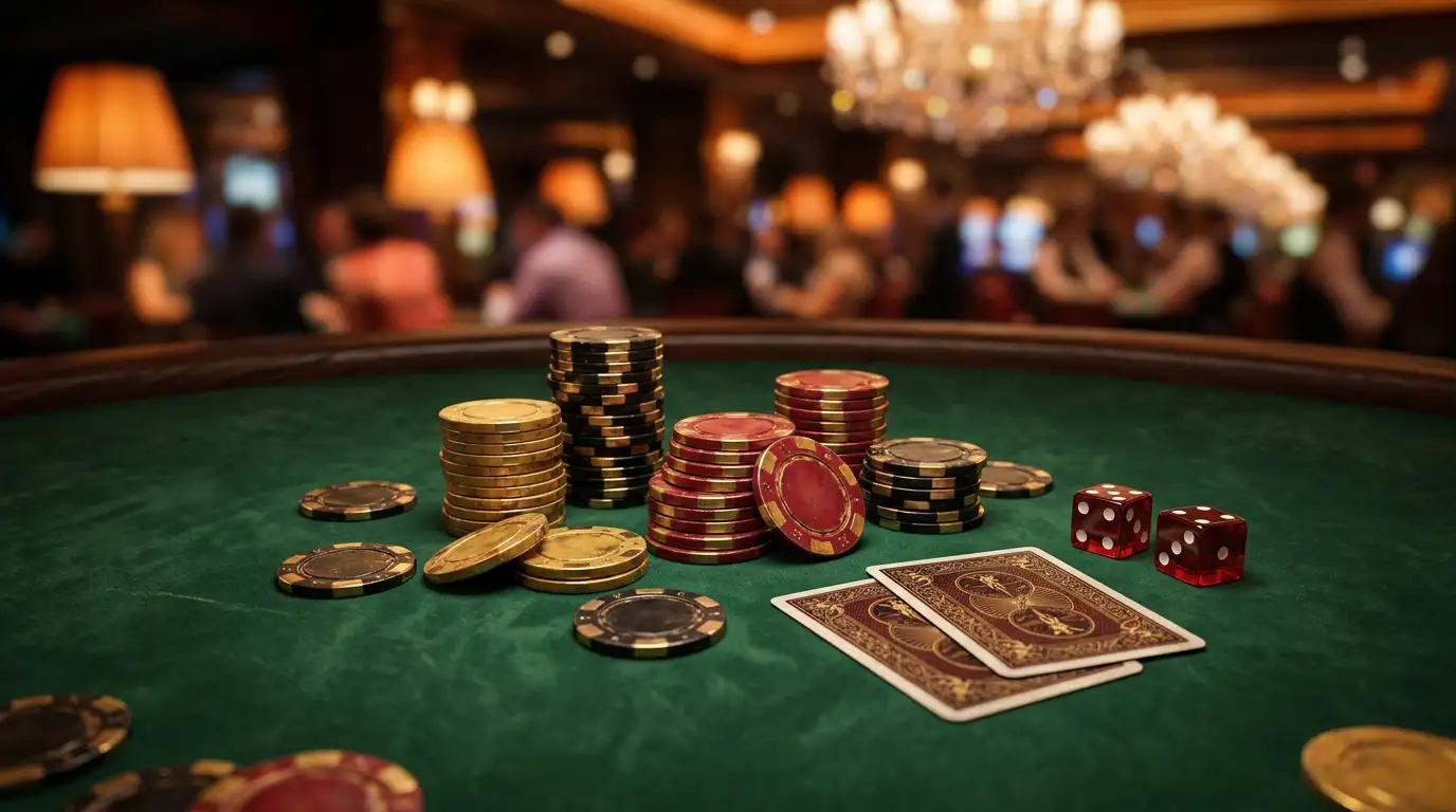 Sfeervolle weergave van een online casinotafel met fiches en kaarten in een digitale omgeving