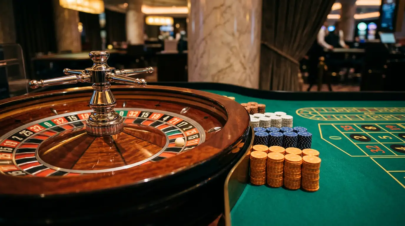 Roulettewiel met casinofiches op een groene speeltafel in sfeervolle belichting