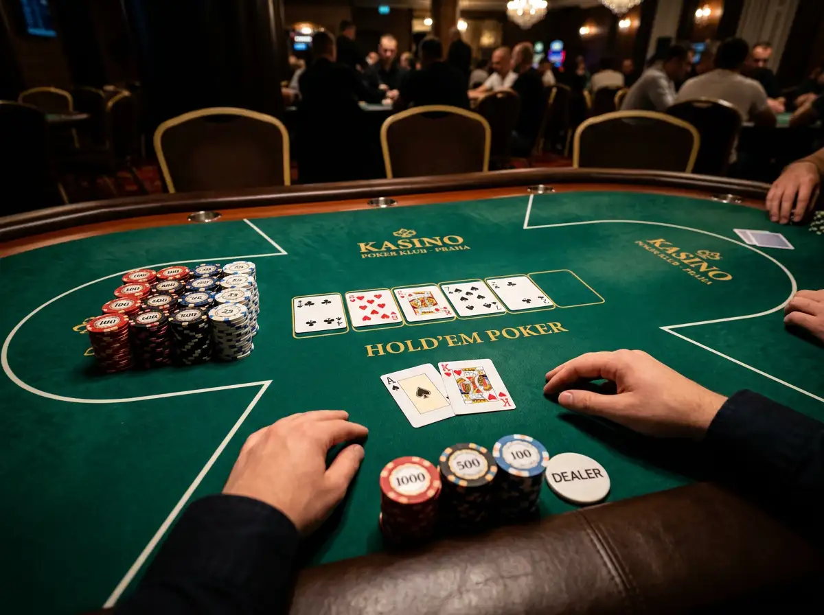 Pokerovy stul s kartami a zetony v zelenom osvetleni typickem pro online kasinove prostredi