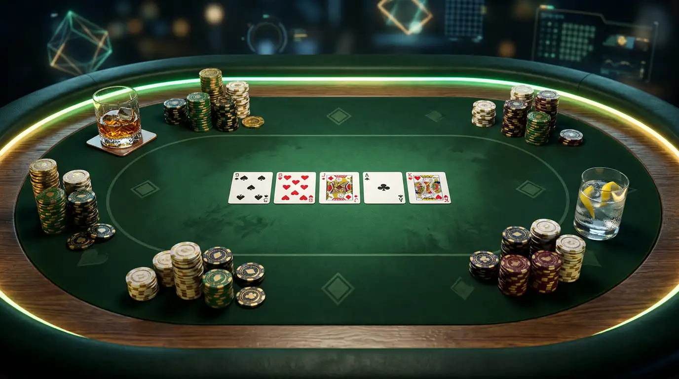 Digitale pokertafel met kaarten en fiches in een sfeervolle online casino-omgeving
