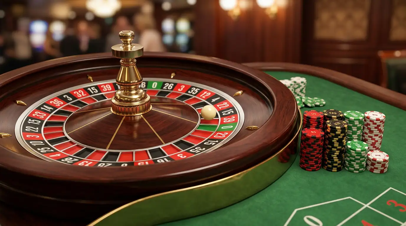 Europees roulettewiel met gekleurde fiches op groen barhatsukne in sfeervolle casinoverlichting