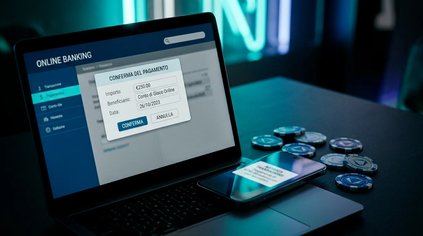 Interfaccia di pagamento bancario online su schermo di computer con simboli di trasferimento fondi e icone di sicurezza digitale