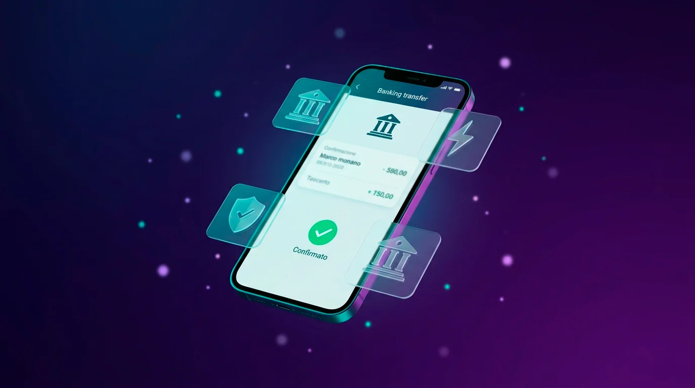 Pagamento digitale Zimpler con smartphone e interfaccia bancaria su sfondo viola