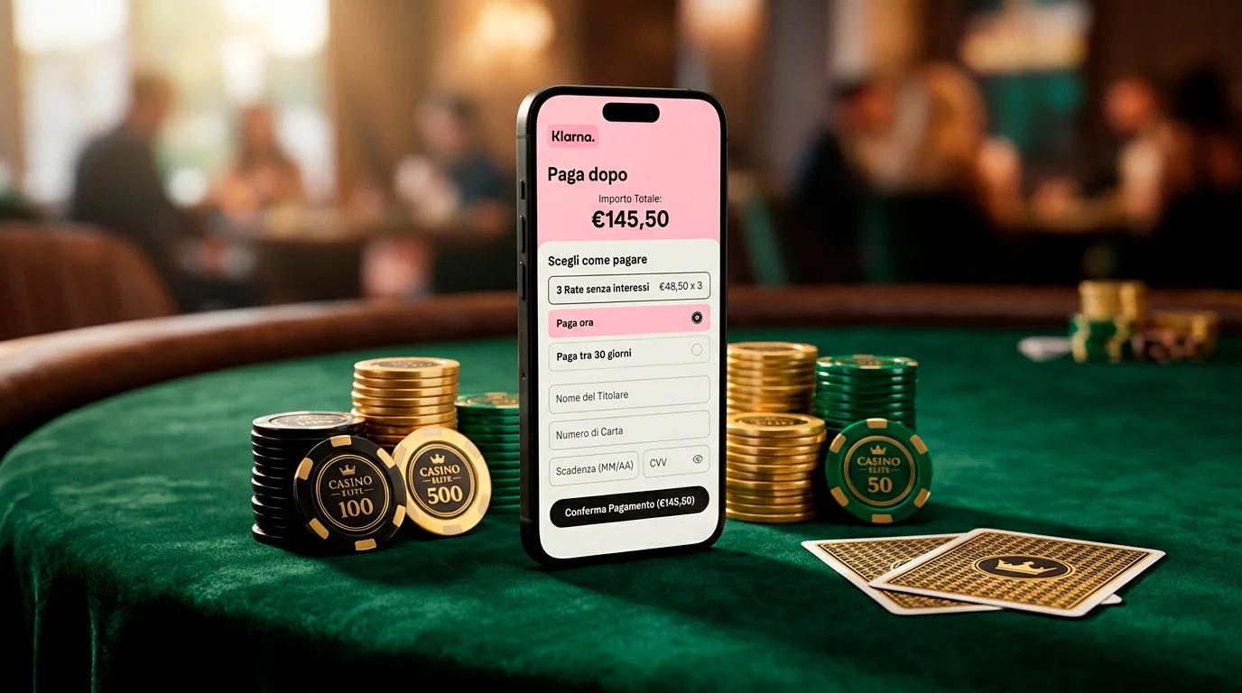 Smartphone con interfaccia di pagamento Klarna su un tavolo da gioco con fiches e carte in un casino online