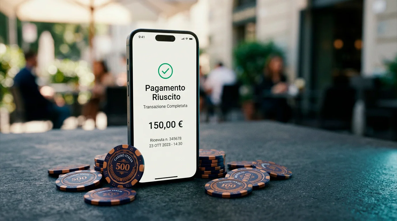 Smartphone con notifica di pagamento mobile accanto a fiches da casino su un tavolo scuro