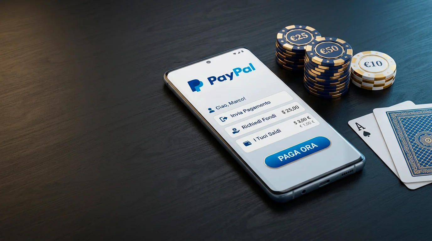 Schermata di pagamento PayPal su un dispositivo mobile con fiches da casino sullo sfondo