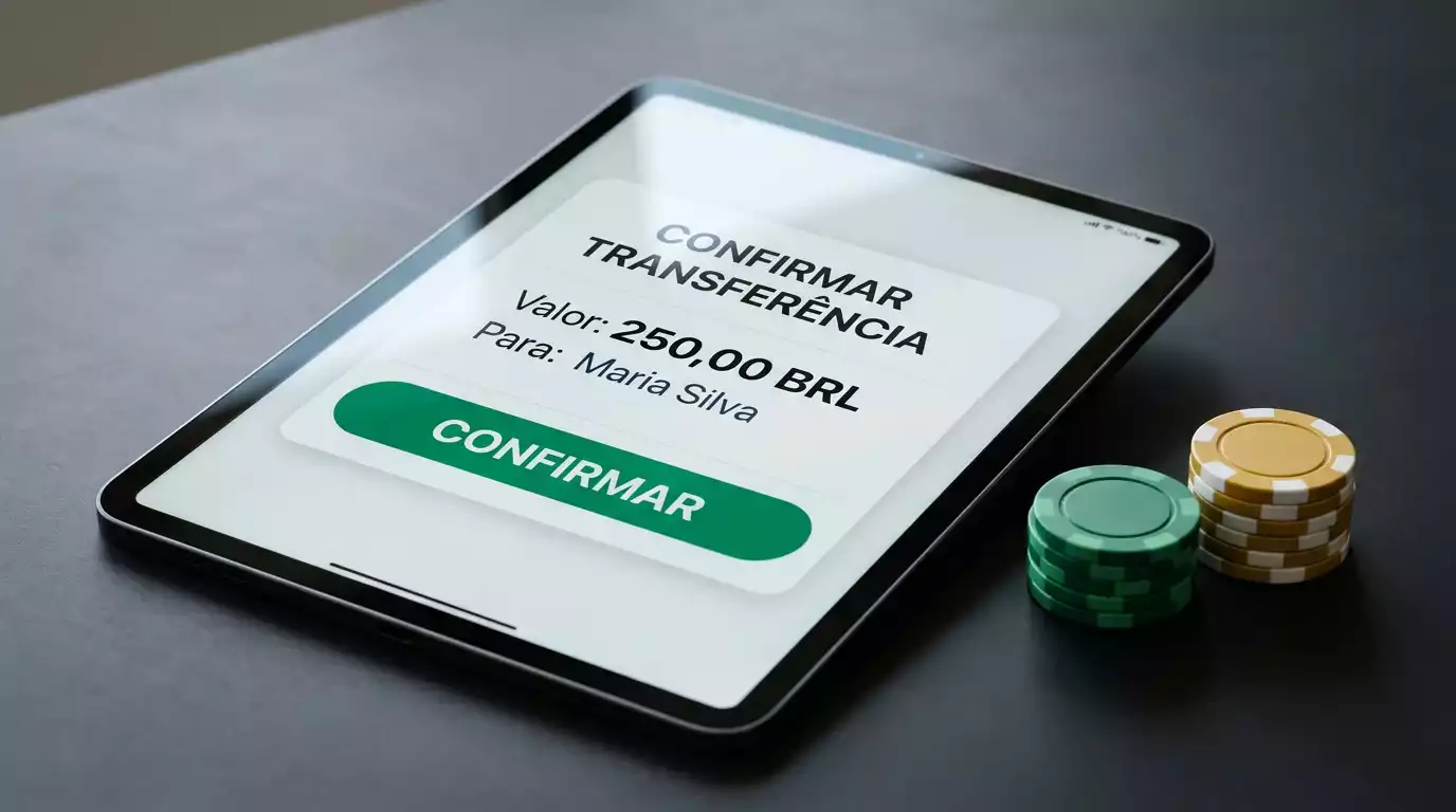 Interface de pagamento Trustly num ecrã de computador com fichas de casino e cartões bancários ao redor