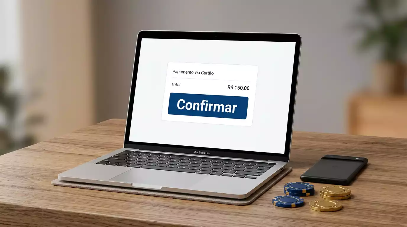 Ecra de telemovel com a interface PayPal junto a fichas de casino num ambiente de jogo online em Portugal