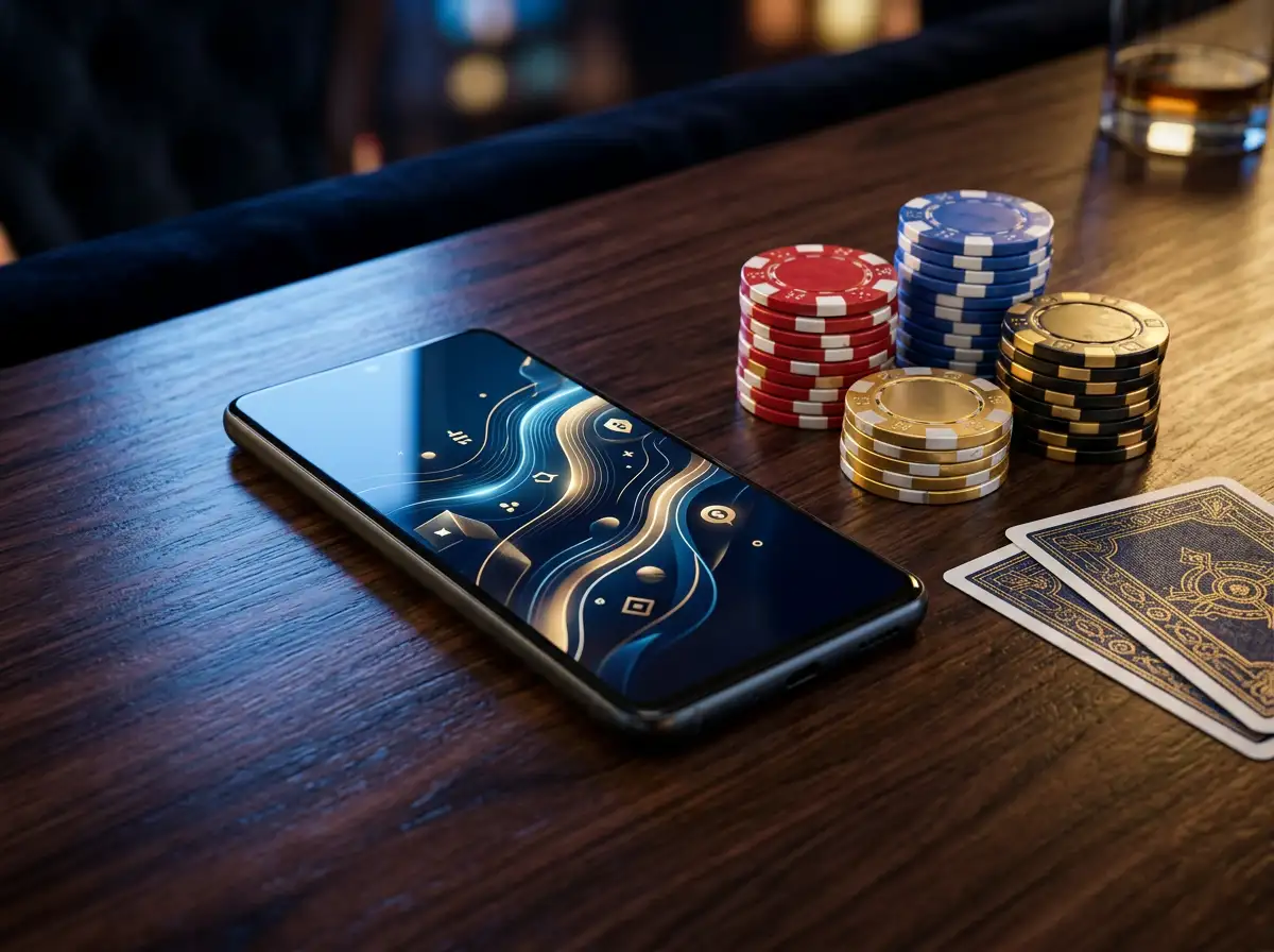 Telefono movil con interfaz de pago Zimpler junto a fichas de casino sobre una mesa iluminada con luz ambiental azul y dorada